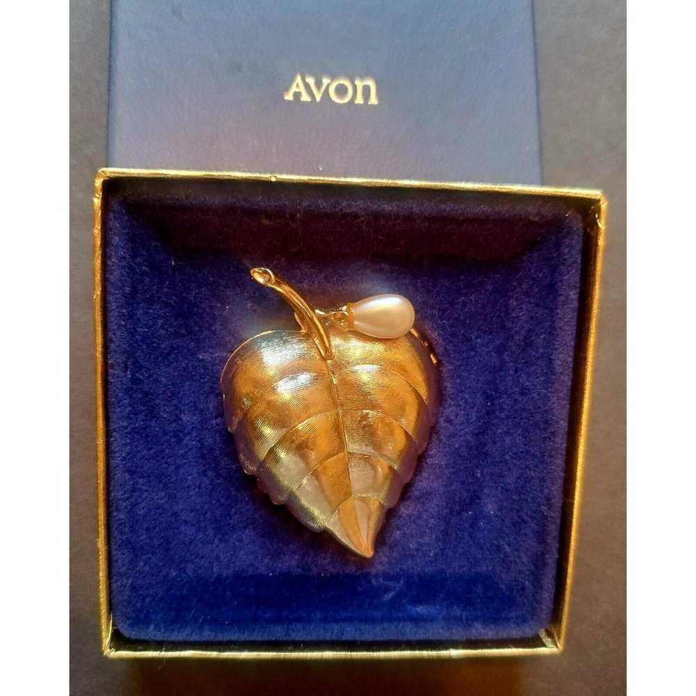 AVON Signed Perfume Glace Leaf Faux Pearl Goldtone Vintage Estate Brooch Pin VTG